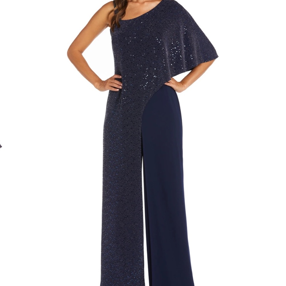 Asymmetric Jumpsuit with Sequined Overlay and Draped Shoulder . Color Navy
